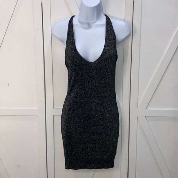 WYLDR Black With Silver Stitch Halter Strap Cross Back Mini Dress Size S/M - Picture 1 of 11